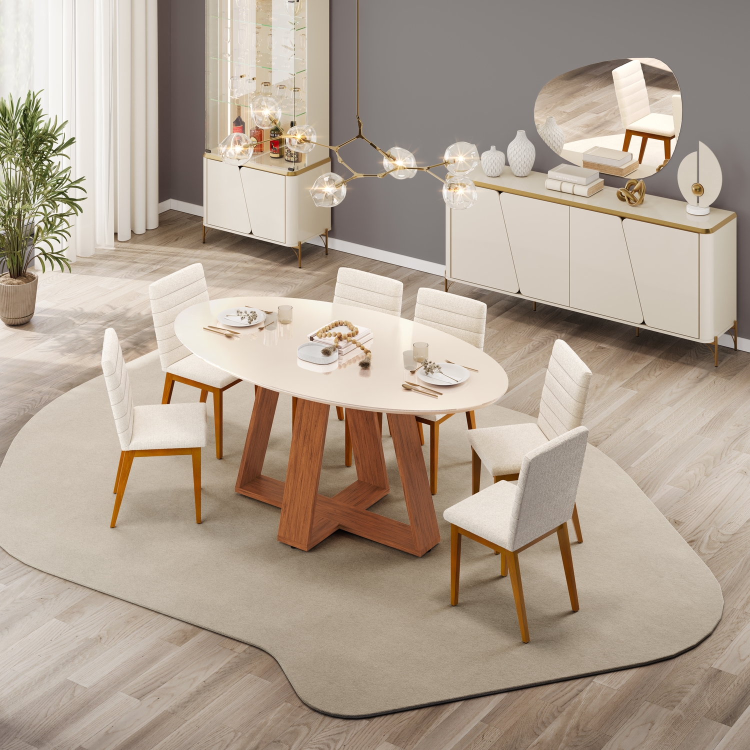 MESA CELESTE + TPO ELIPTICO 180X100 + 06 CADEIRAS SOFIA IPE BOUCLE PEROLA