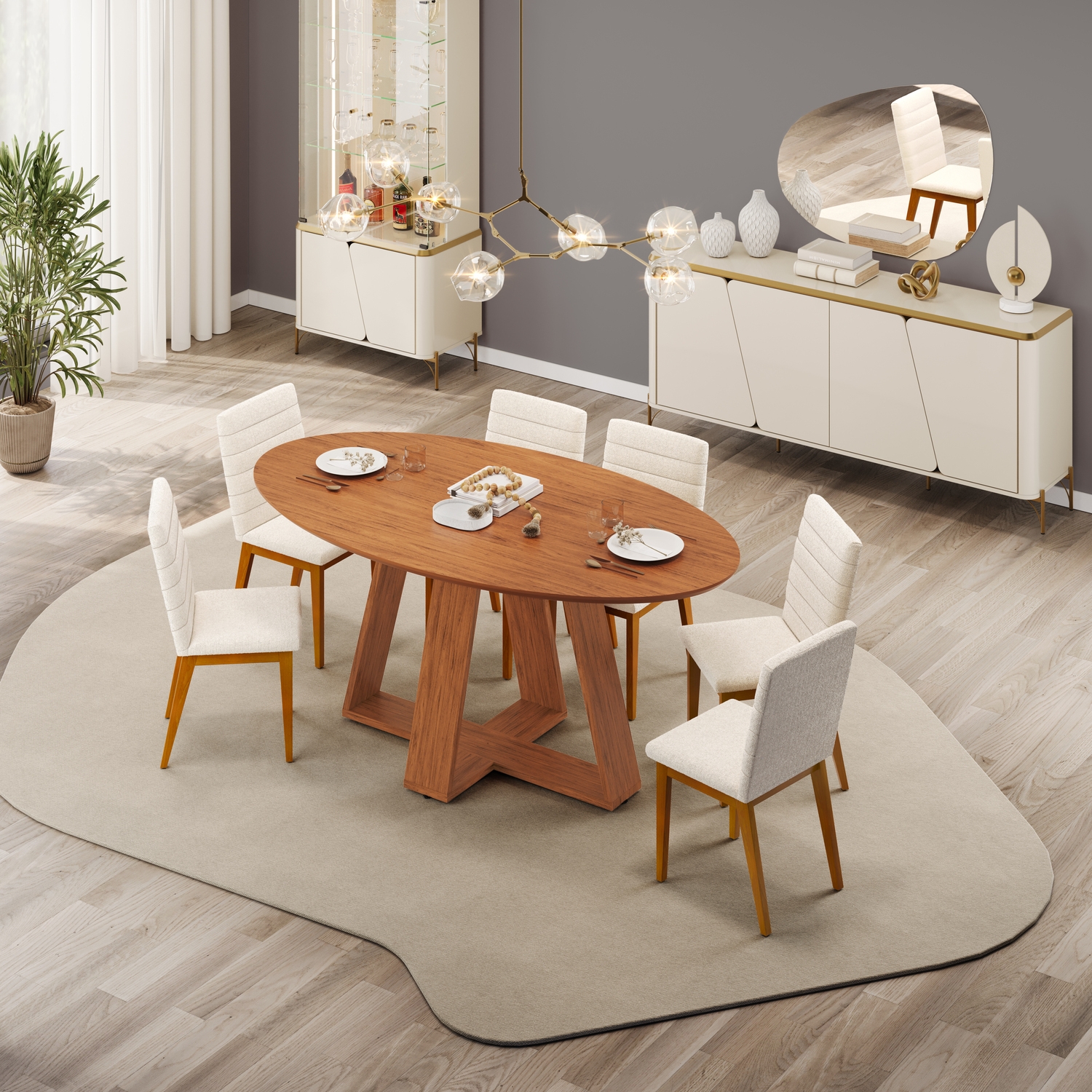 MESA CELESTE + TPO ELIPTICO 180X100 FREIJO + 06 CADEIRAS SOFIA IPE BOUCLE PEROLA