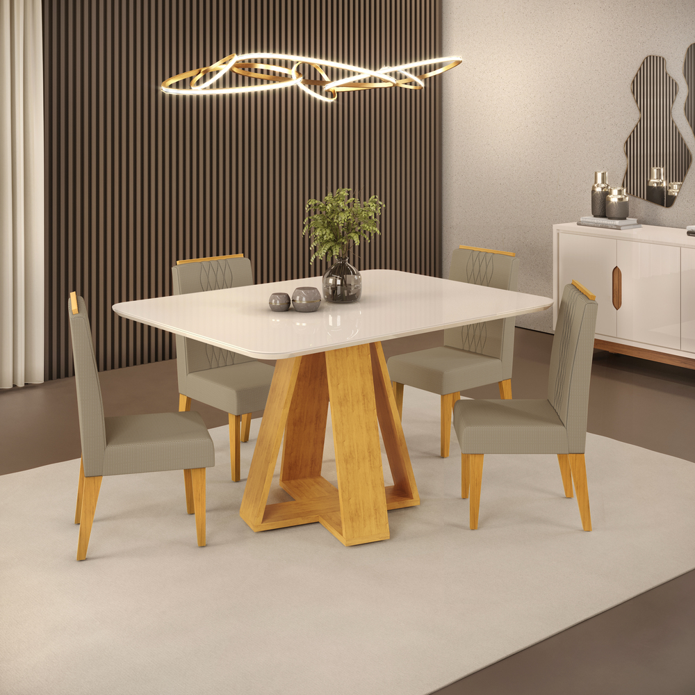 MESA CELESTE 1200X900 CEDRO OFF - 04 CADEIRAS LIA LINHO BEGE