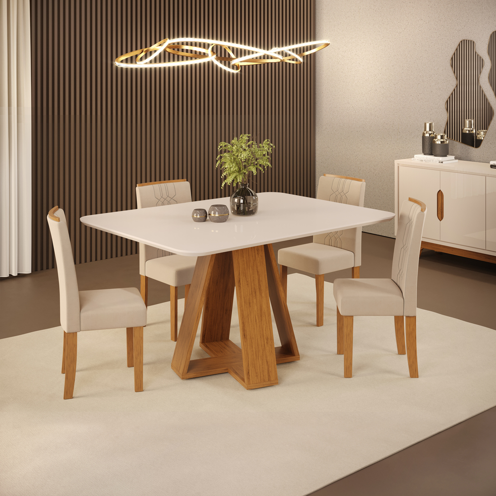 MESA CELESTE 1200X900 FREIJÓ OFF WHITE + 04 CAD. ZOE FREIJÓ VELUDO CREME