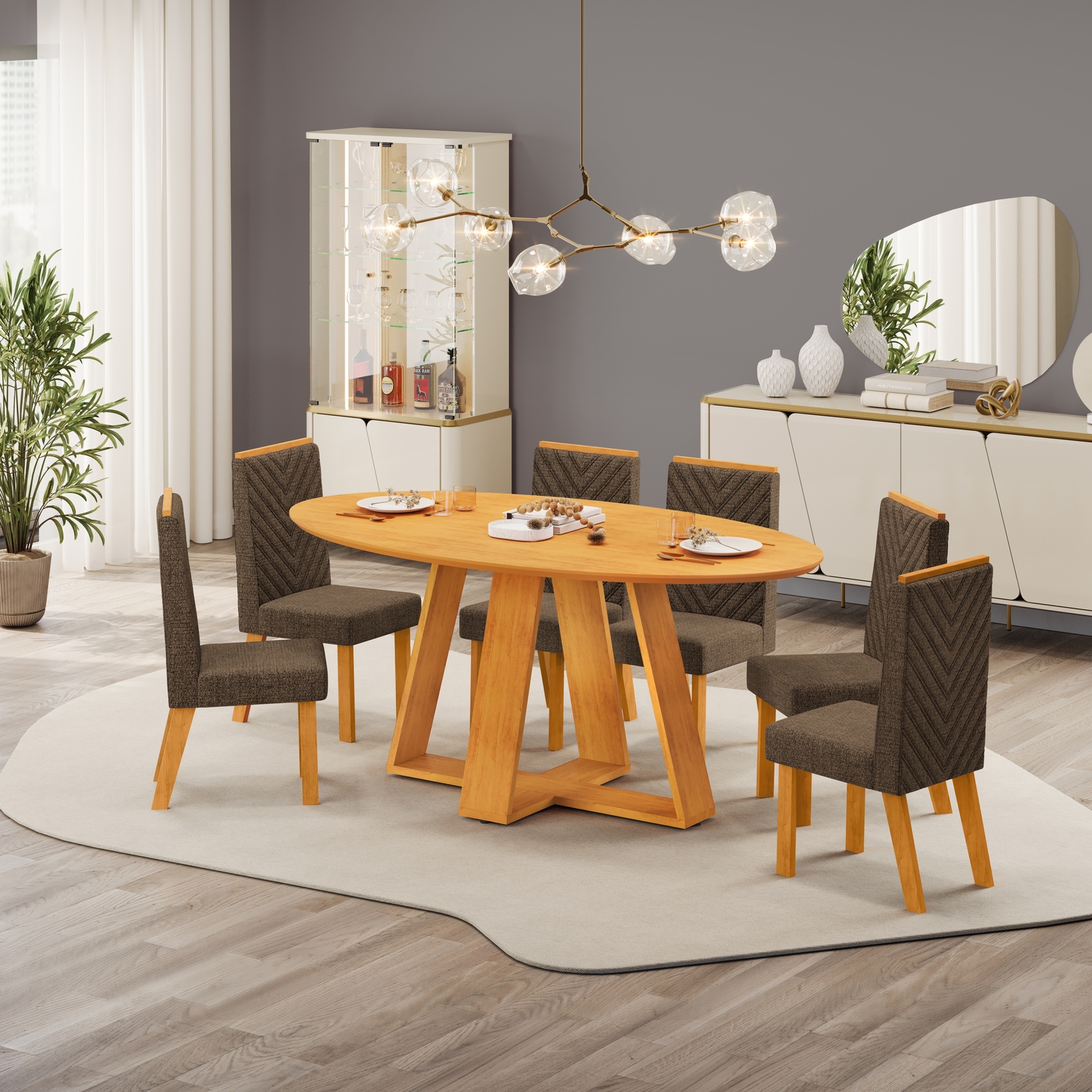 MESA CELESTE 180x100 CEDRO COM TP CEDRO COM CADEIRA NARA LINHO CANELA