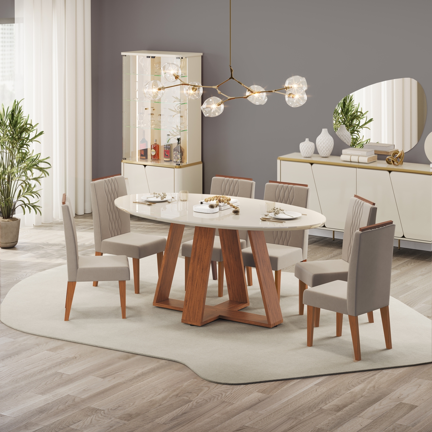 MESA CELESTE FREIJO  TP ORGANICO 1800X1000 OFF WHITE + 6 CADEIRA LIA FREIJO   KRAFT - AMBIENTE copiar