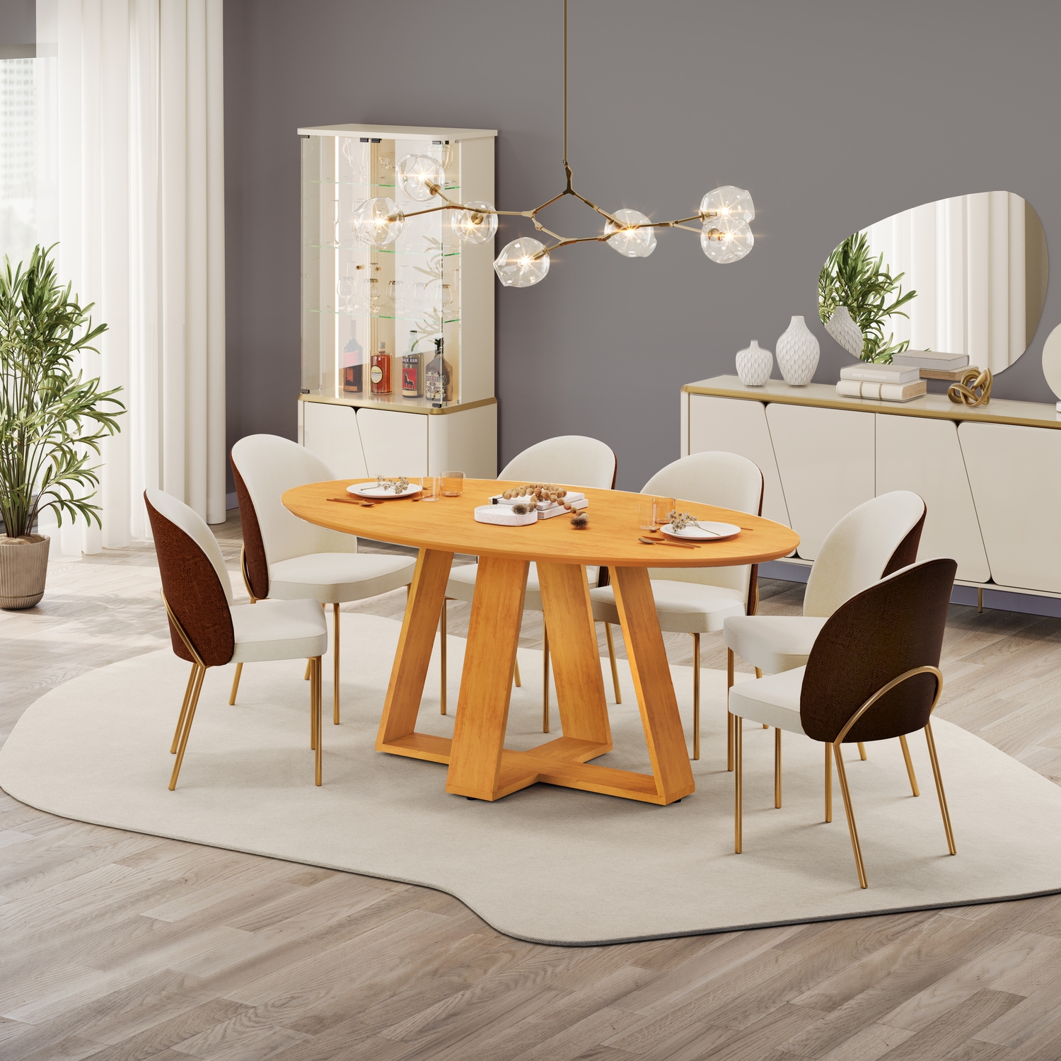 MESA CELESTE  TP ELIPTICO 1800x 1000 CEDRO CEDRO  + 06 CAD LIZY TERRACORA BOUCLE PEROLA copiar
