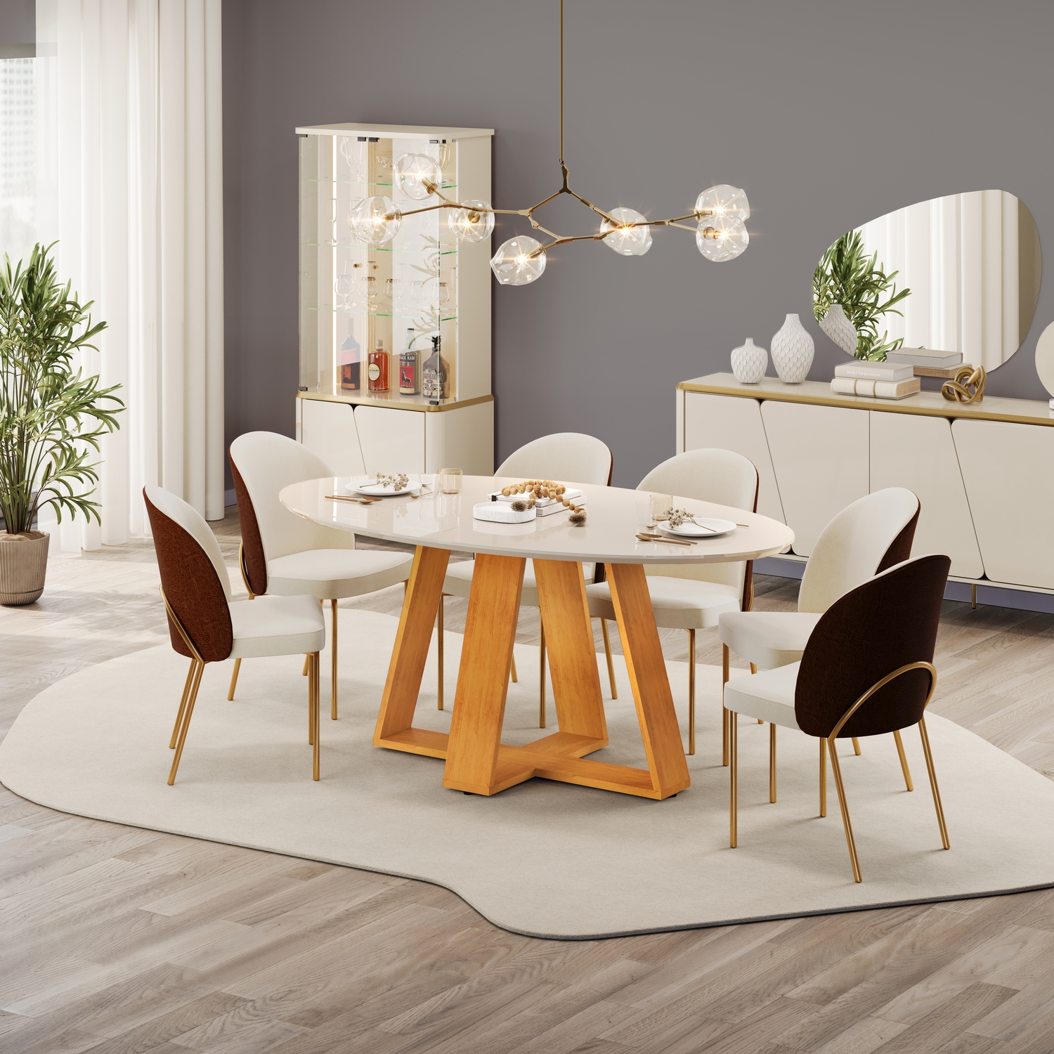 MESA CELESTE  TP ELIPTICO 1800x 1000 CEDRO  OFF  + 06 CAD LIZY TERRACORA BOUCLE PEROLA copiar