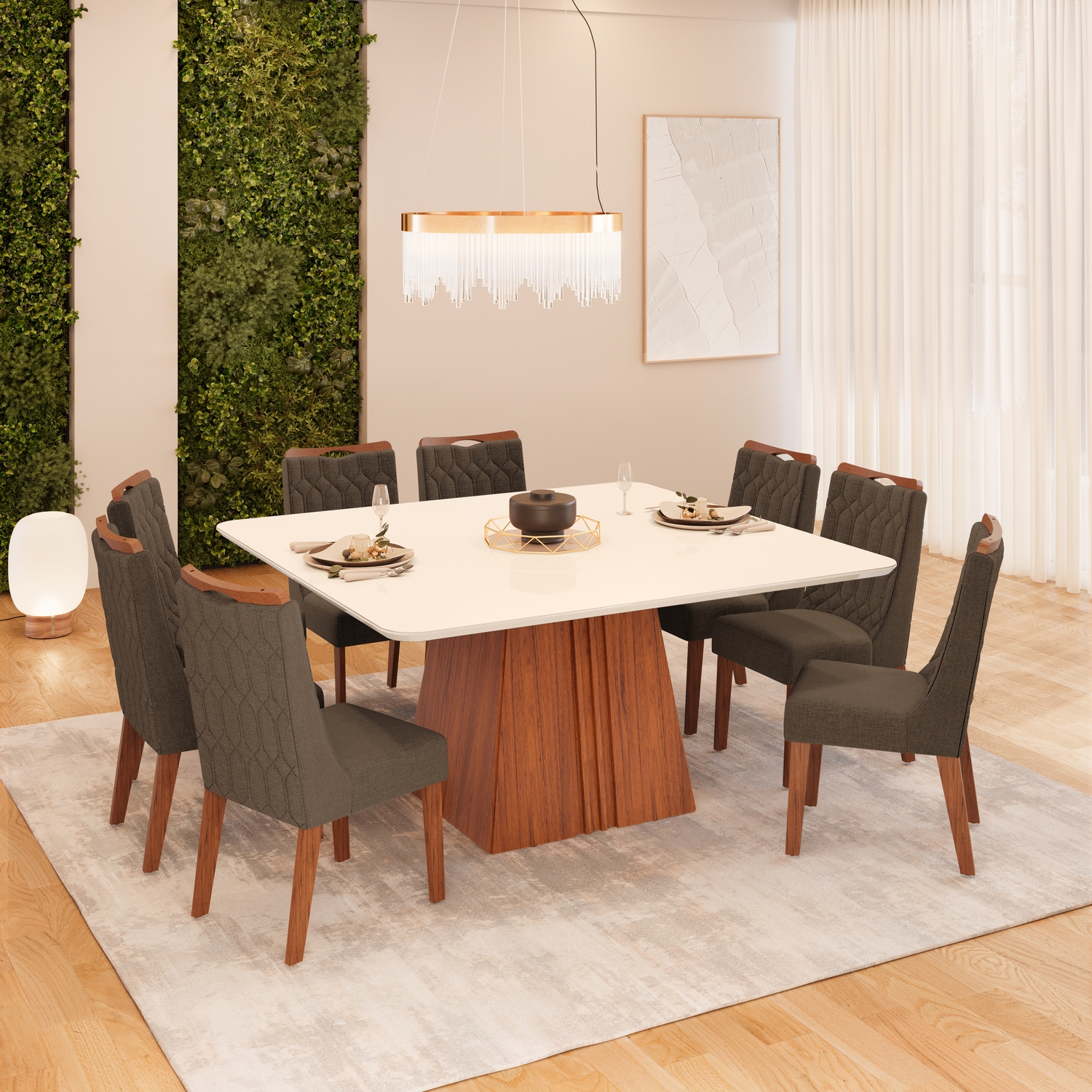 MESA ITALIA - TAMPO CHANF. CURVO 1360X1360X30 FREIJO OFF - CADEIRA BIA FREIJO LINHO CANELA