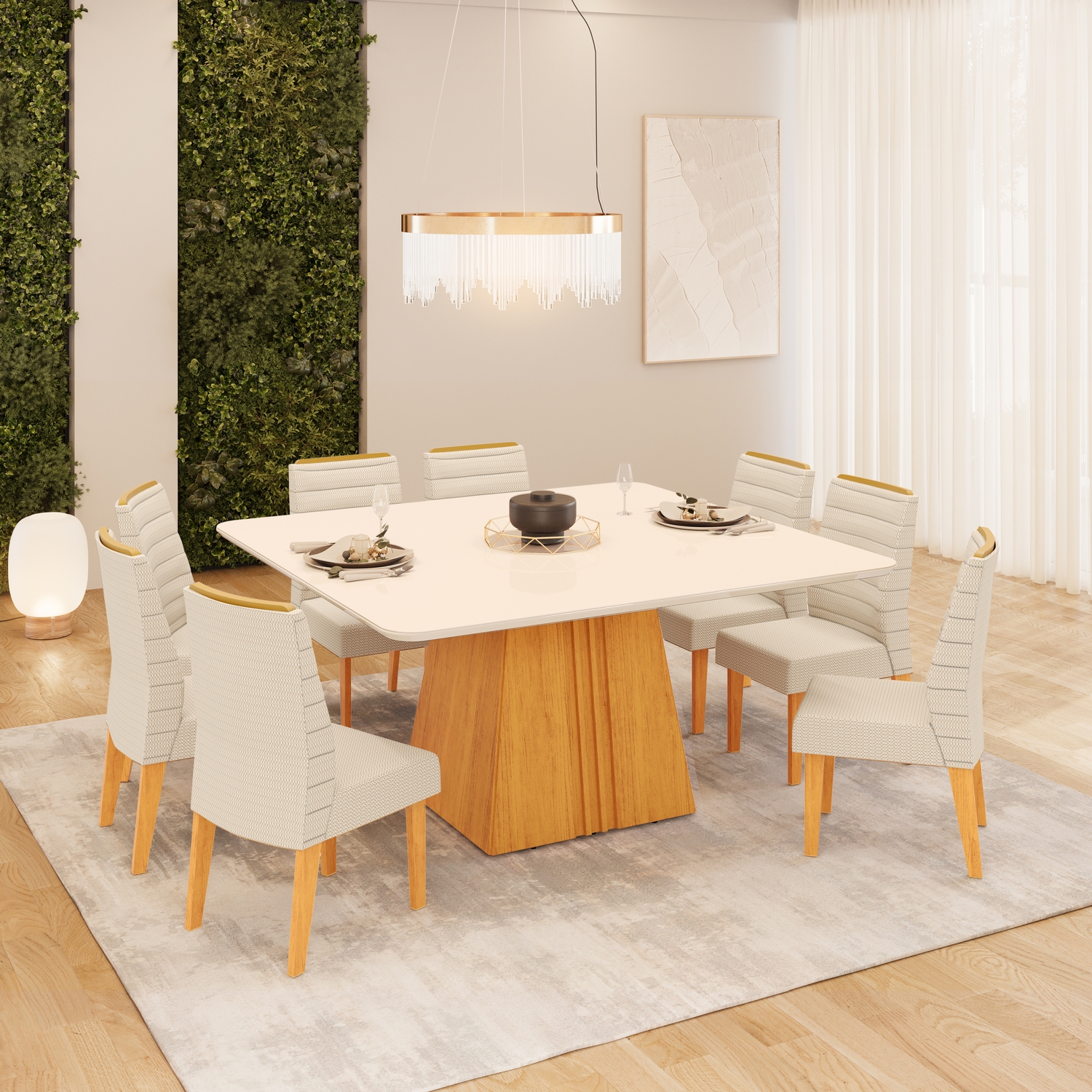 MESA ITALIA 1360X1360 CEDRO OFF WHITE + 08 CAD ONDINA CEDRO LINHO NEVE
