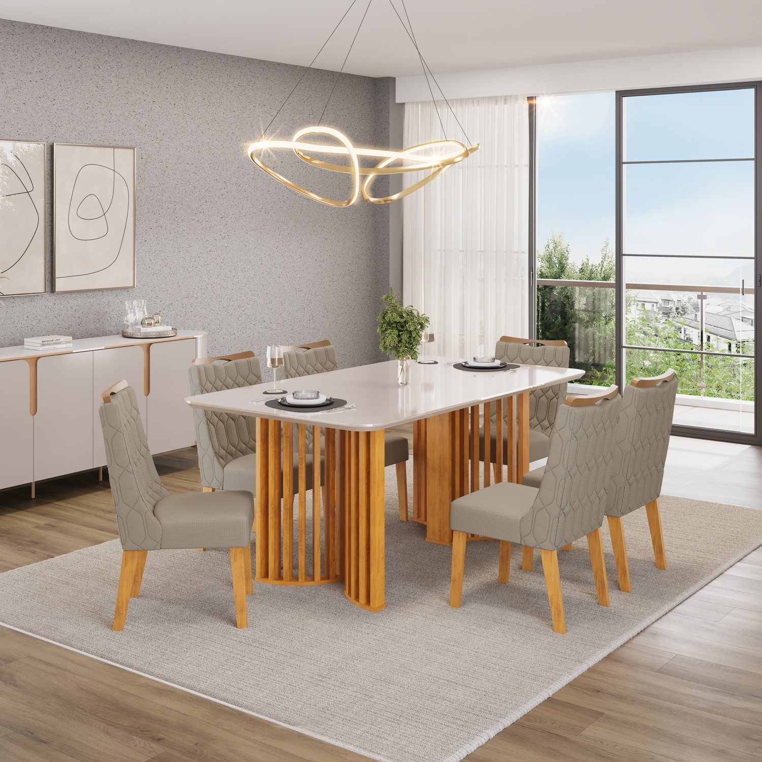 MESA LUMA CEDRO 1800 OFF WHITE OFF WHITE + 6 CADEIRAS BIA CEDRO NEVE