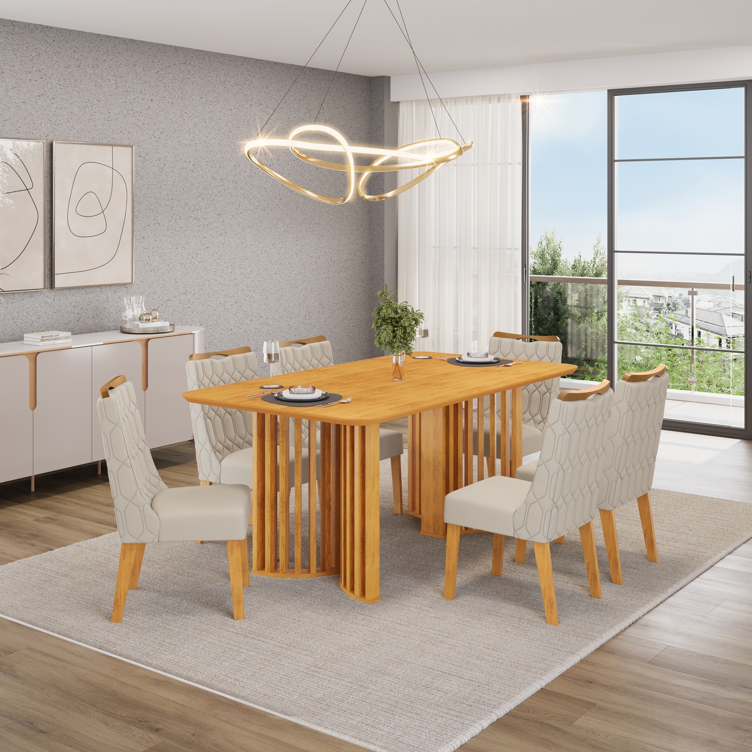 MESA LUMA CEDRO TP 1700X900 CEDRO + 6 CADEIRAS BIA CEDRO NEVE