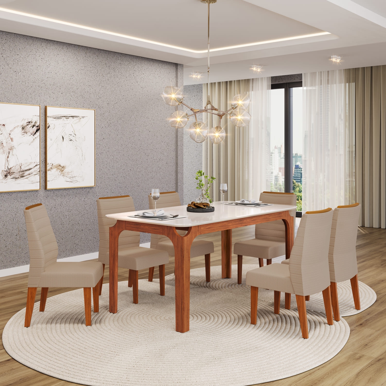 MESA MARINA - TAMPO CHANF. CURVO MAD VD 1600X800X22 FREIJO OFF WHITE + 06 CADEIRA ONDINA LINHO BEGE