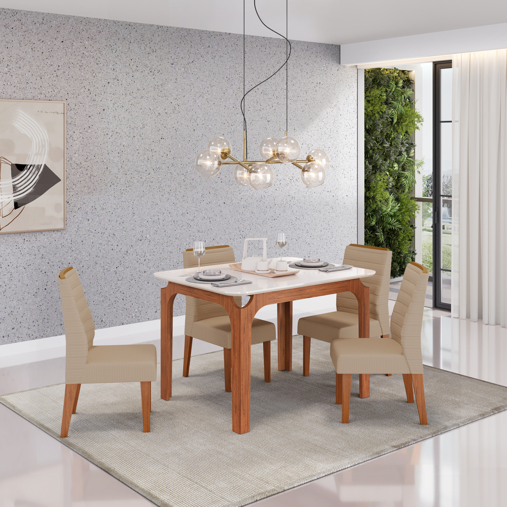 MESA MARINA 1200 FREIJO TP OFF WHITE + 04 CAD ONDINA LINHO BEGE