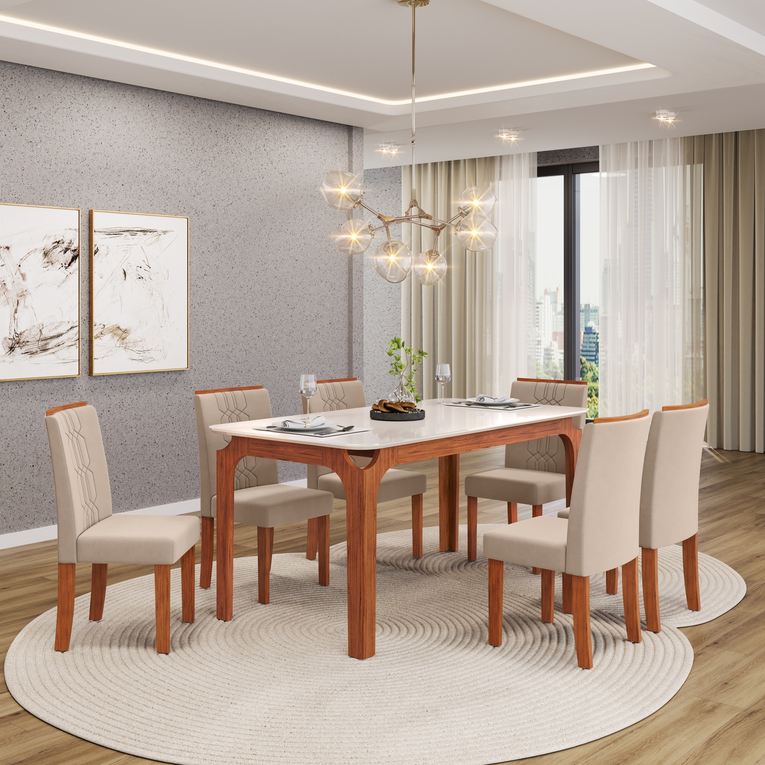 MESA MARINA FREIJO OFF TAMPO 1600x900x18 - 06 CADEIRAS ZOE VELUDO CREME