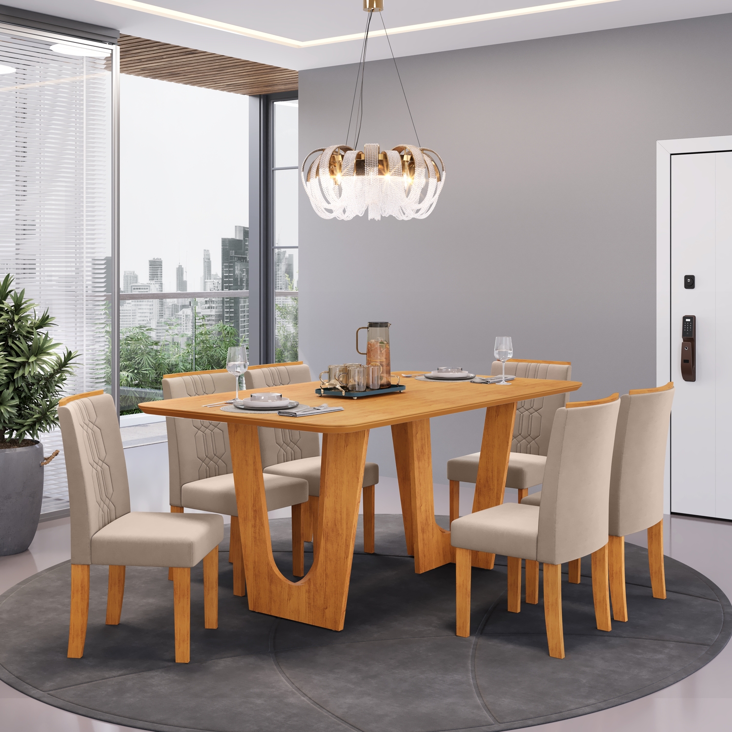 MESA NALA CEDRO COM TAMPO 1700X900 CEDRO - 06 CADEIRAS ZOE CEDRO VELUDO KRAFT