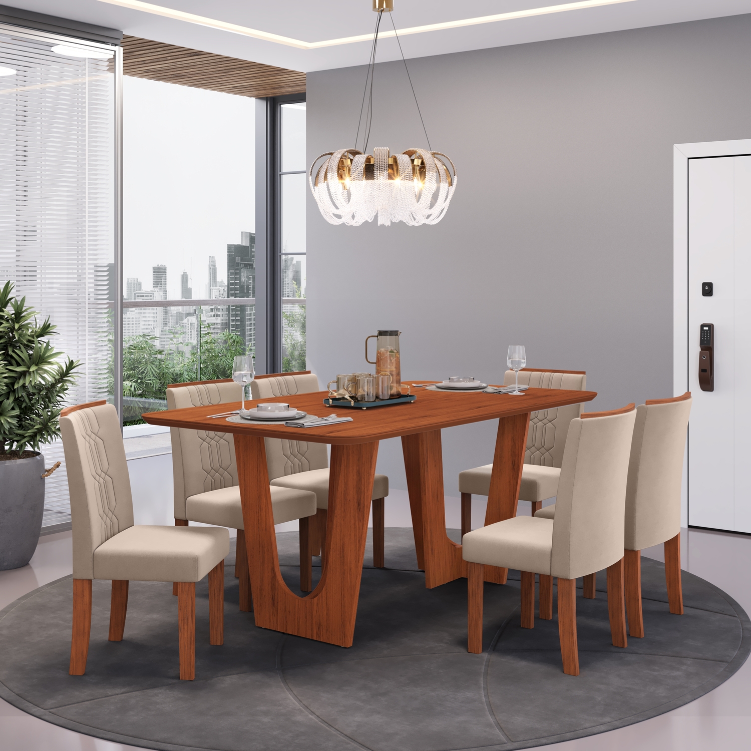 MESA NALA FREIJO COM TAMPO 1700X900 FREIJO - 06 CADEIRAS ZOE VELUDO KRAFIT