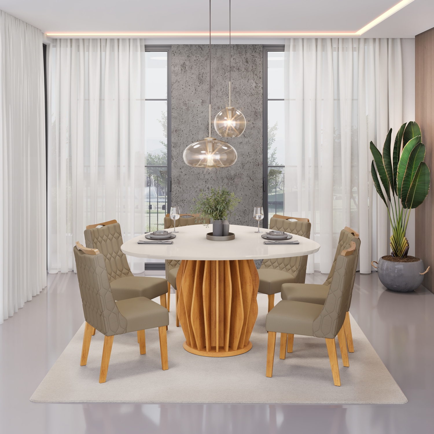 MESA TOKYO CEDRO - TAMPO CHANF. ORGANICO MAD VD 1360X1360X30 OFF WHITE + CADEIRA BIA FREIJO LINHO BEGE