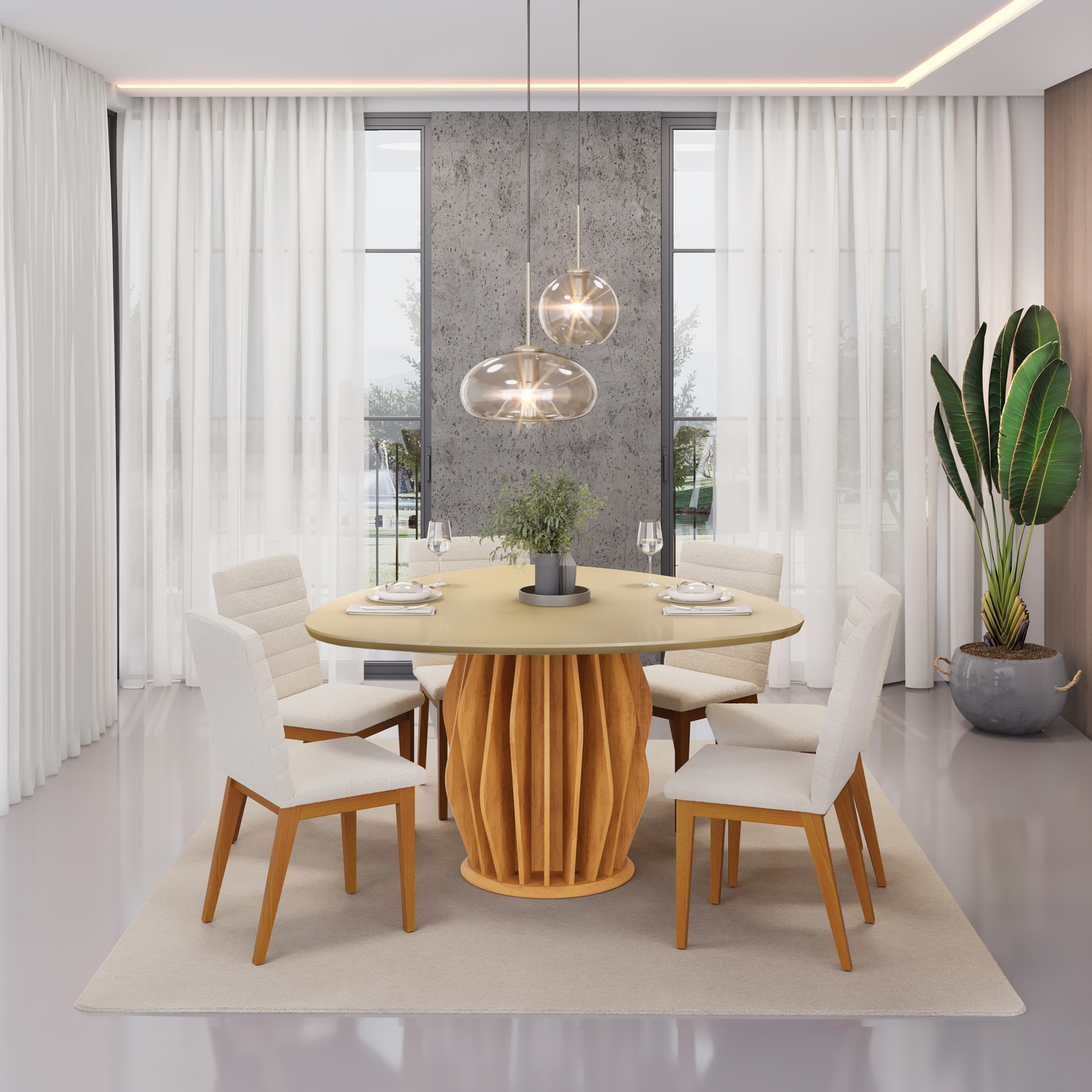 MESA TOKYO CEDRO TAMPO ORGANICO 1360 DOURADO + 06 CADEIRAS SOFIA BOUCLE PEROLA