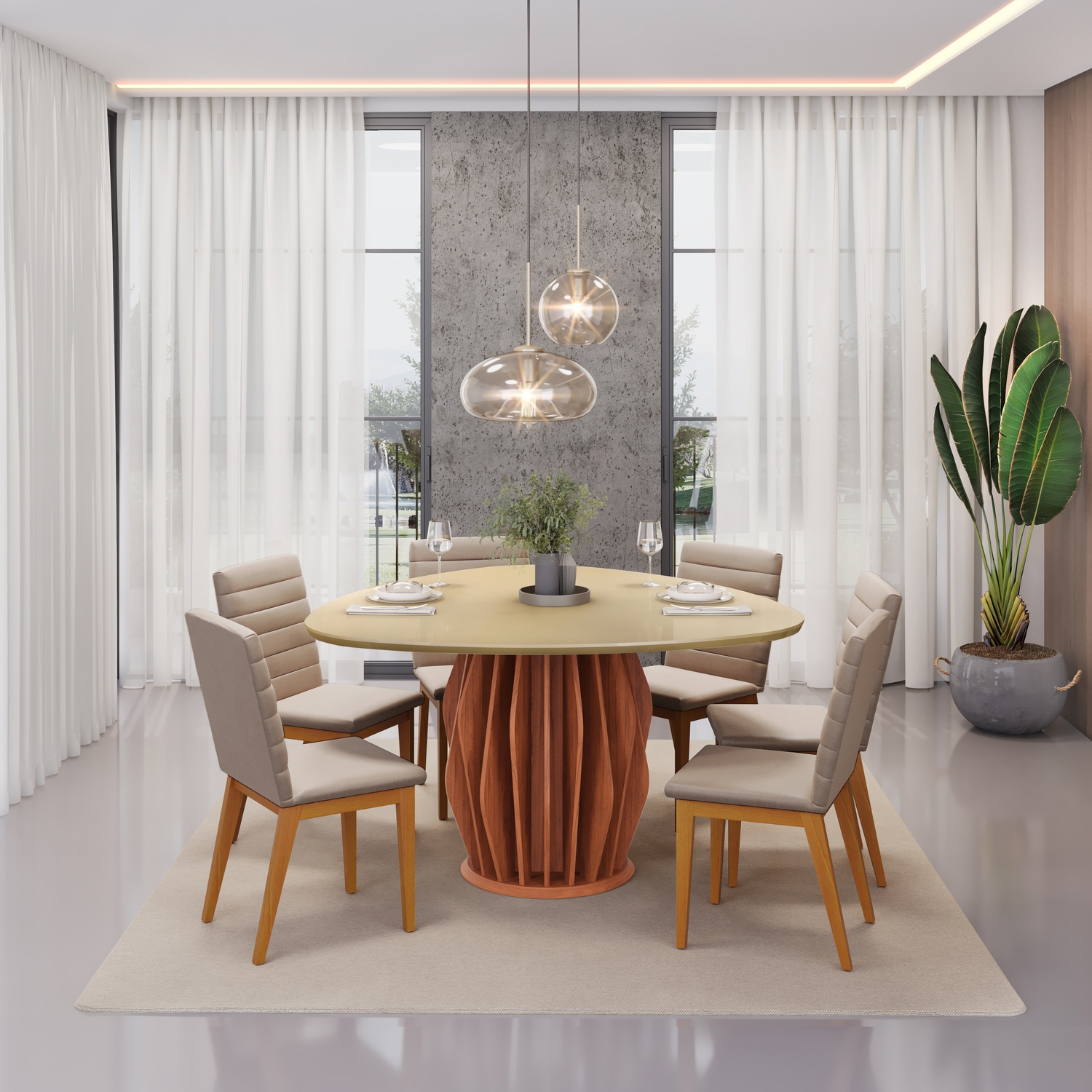 MESA TOKYO FREIJO TAMPO ORGANICO 1360 DOURADO + 06 CADEIRAS SOFIA IPE VELUDO CREME copiar
