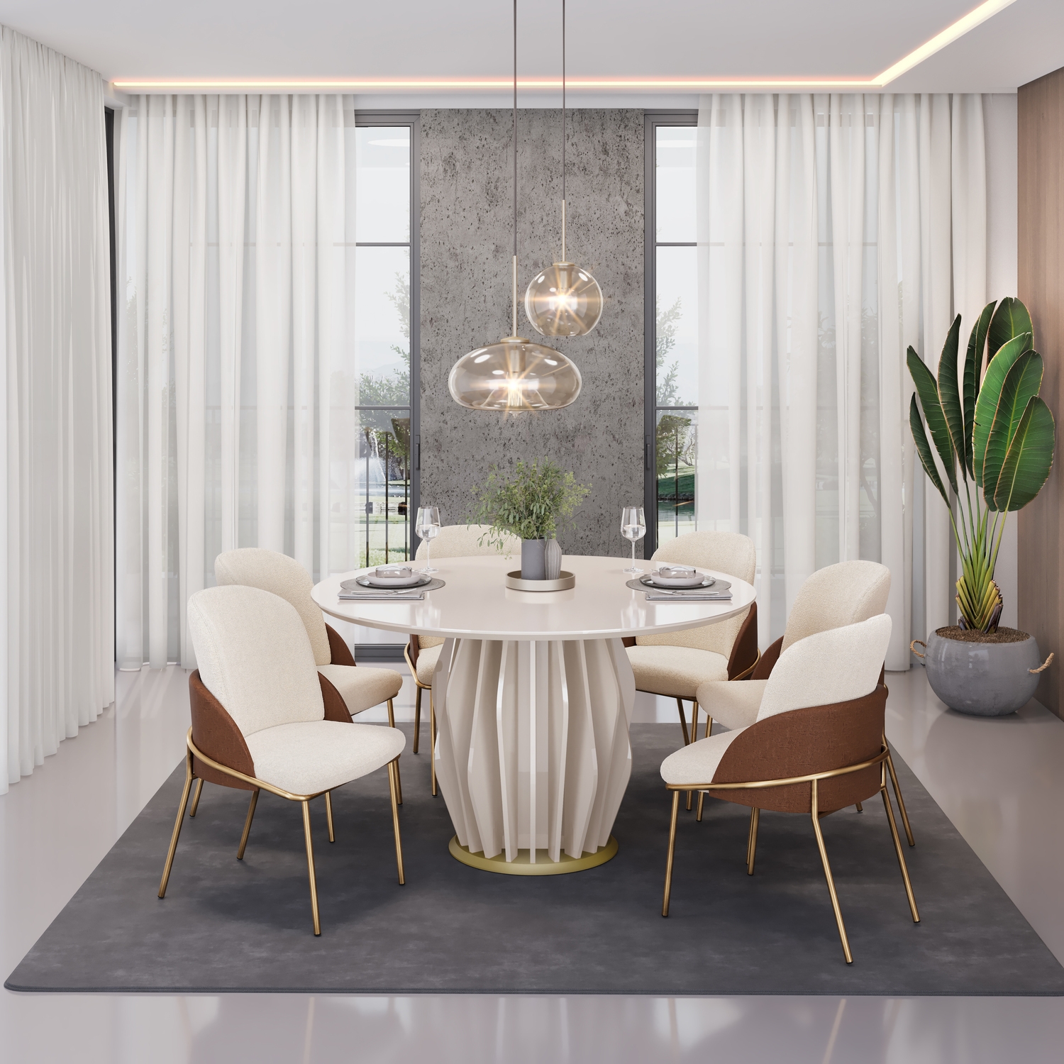 MESA TOKYO TAMPO REDONDO 1360 + 06 CADEIRAS VITTA BOUCLE