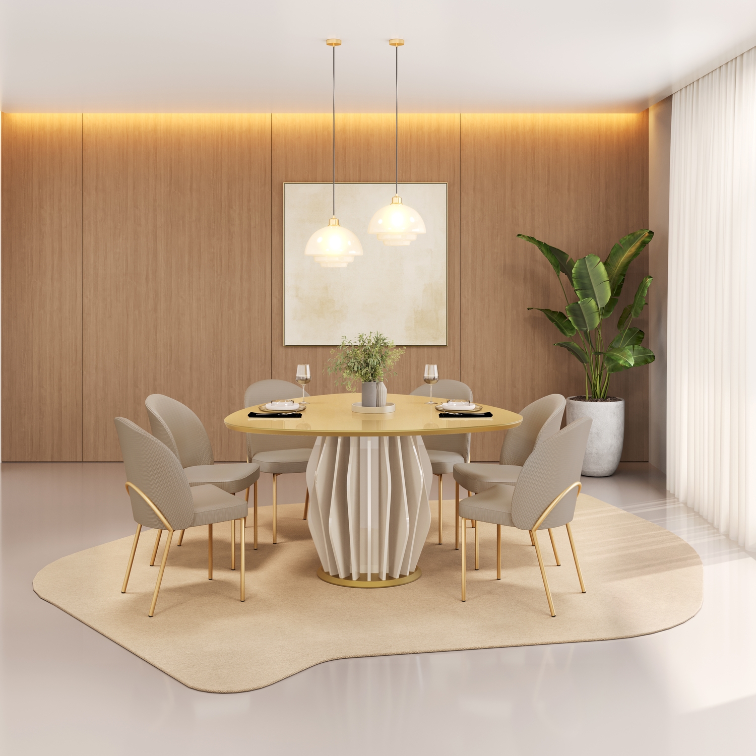 MESA TOKYO TP 1360X1360 ORG DOURADO - CADEIRA LIZY LINHO BEGE