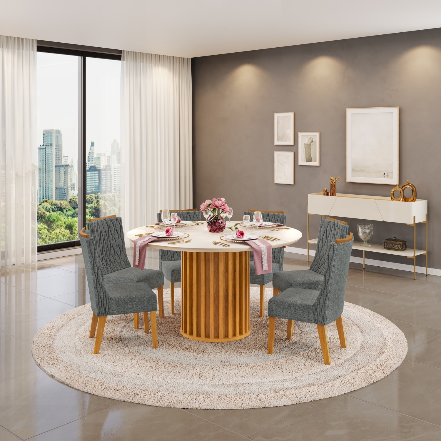 MESA VIENA 1360X1360 CEDRO OFF + 06 CADEIRAS JADE LINHO GRANITO