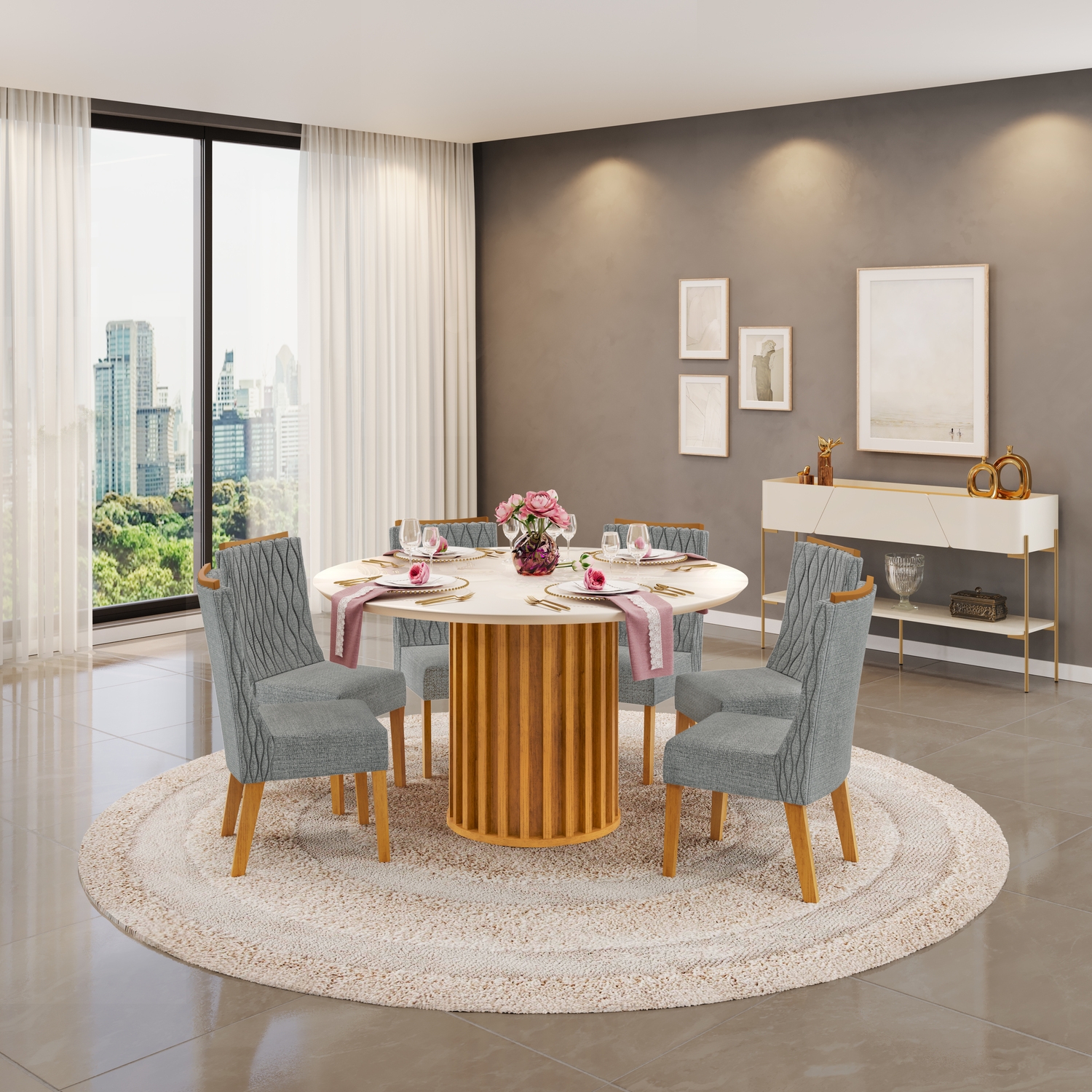 MESA VIENA 1360X1360 CEDRO OFF + 06 CADEIRAS JADE LINHO NEBLINA
