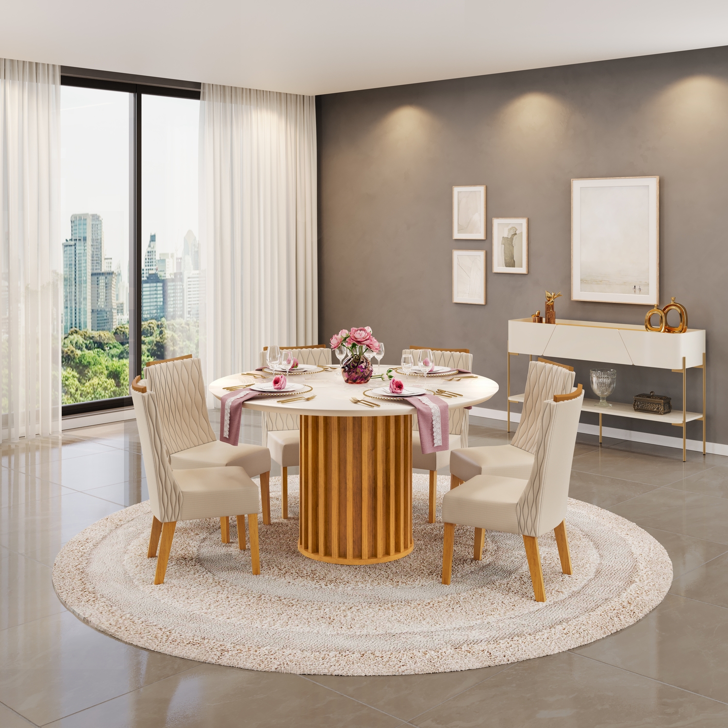 MESA VIENA 1360X1360 CEDRO OFF + 06 CADEIRAS JADE LINHO NEVE