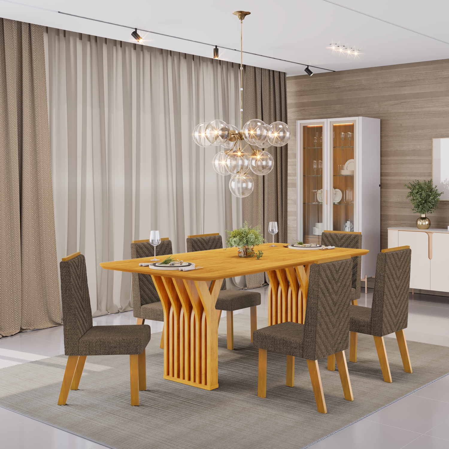 MESA YARA 1800X1000 CEDRO COM TP CEDRO CADEIRA ISLA LINHO CANELA