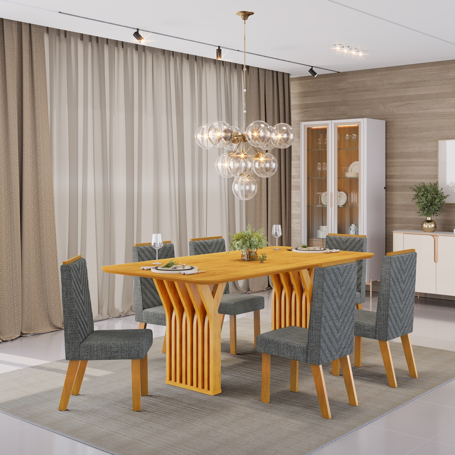MESA YARA 1800X1000 CEDRO COM TP CEDRO CADEIRA ISLA LINHO GRANITO