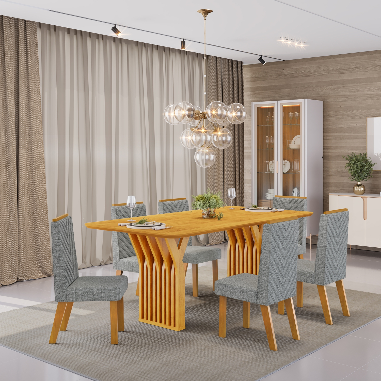 MESA YARA 1800X1000 CEDRO COM TP CEDRO CADEIRA ISLA LINHO NEBLINA