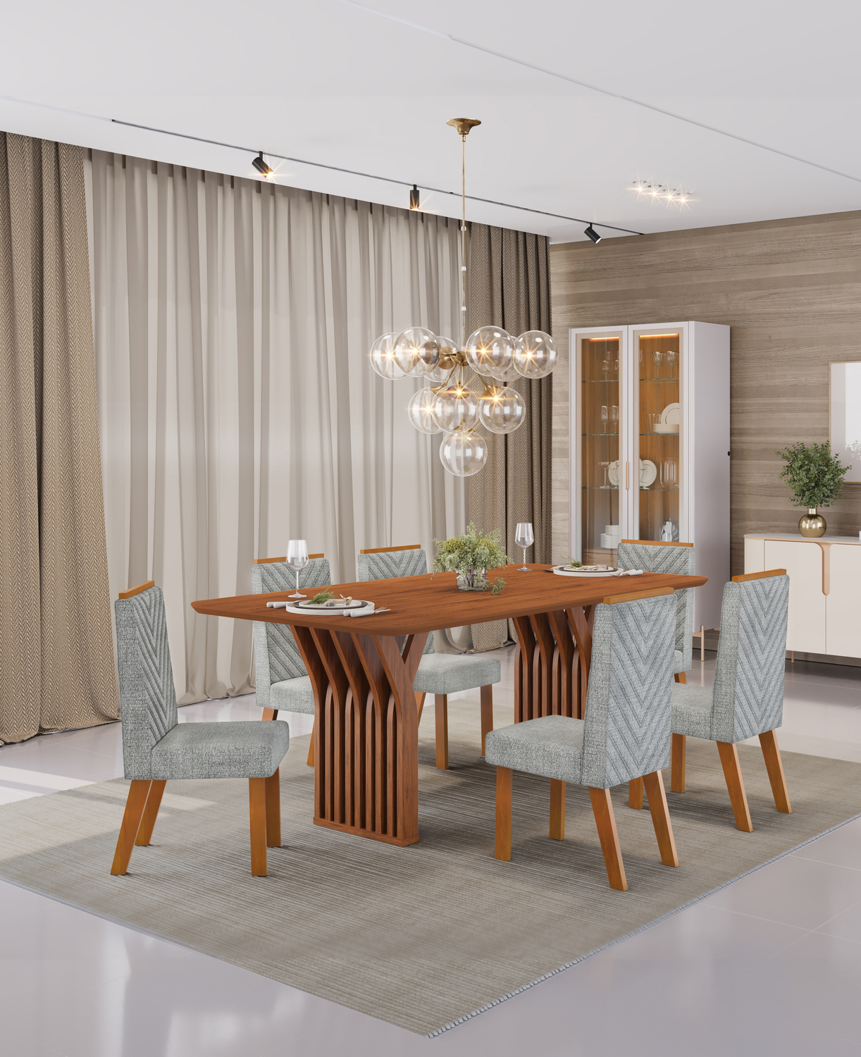 MESA YARA 1800X1000 FREIJO COM TP FREIJO CADEIRA ISLA LINHO NEBLINA AJUSTE