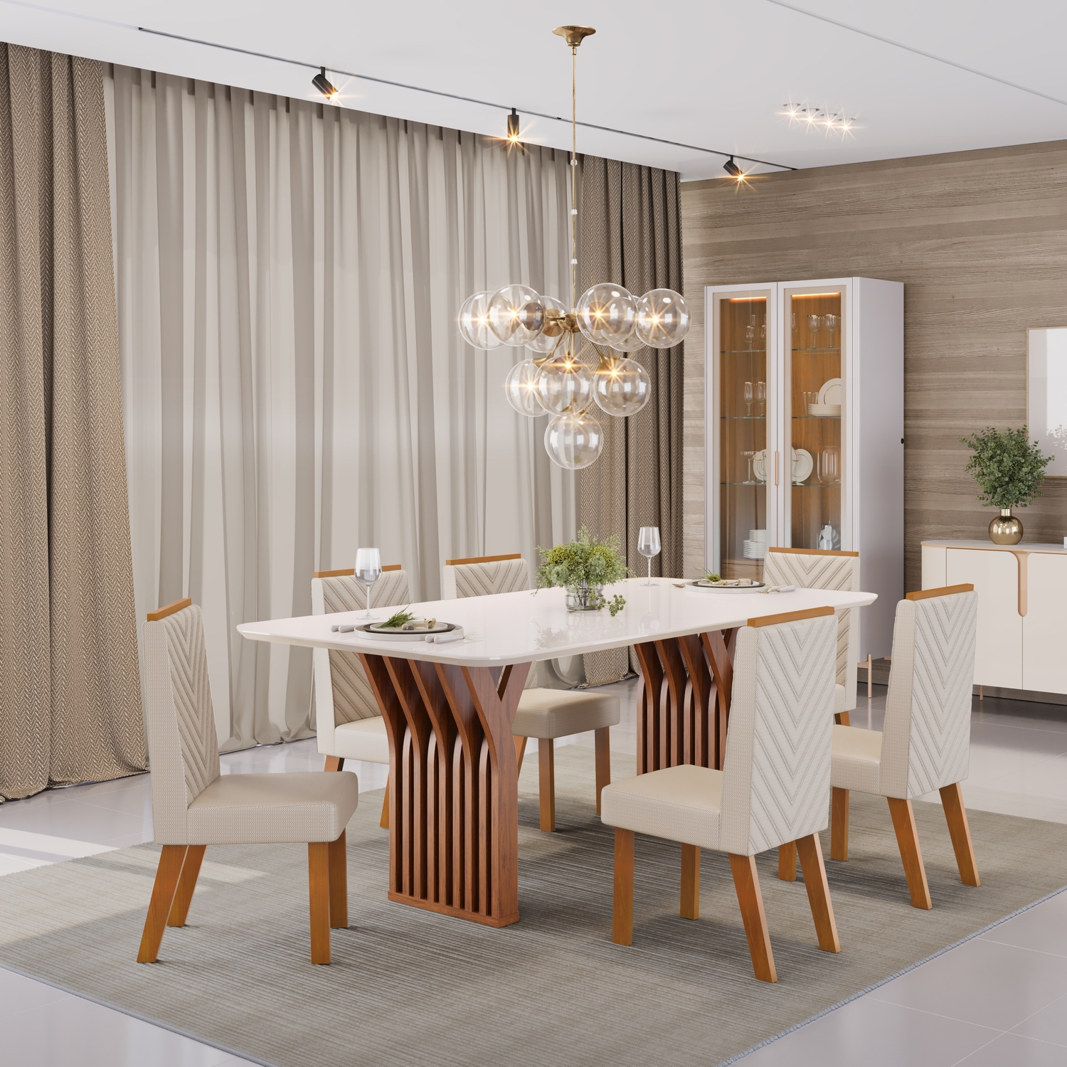 MESA YARA 1800X1000 FREIJO COM TP OFF CADEIRA ISLA LINHO NEVE