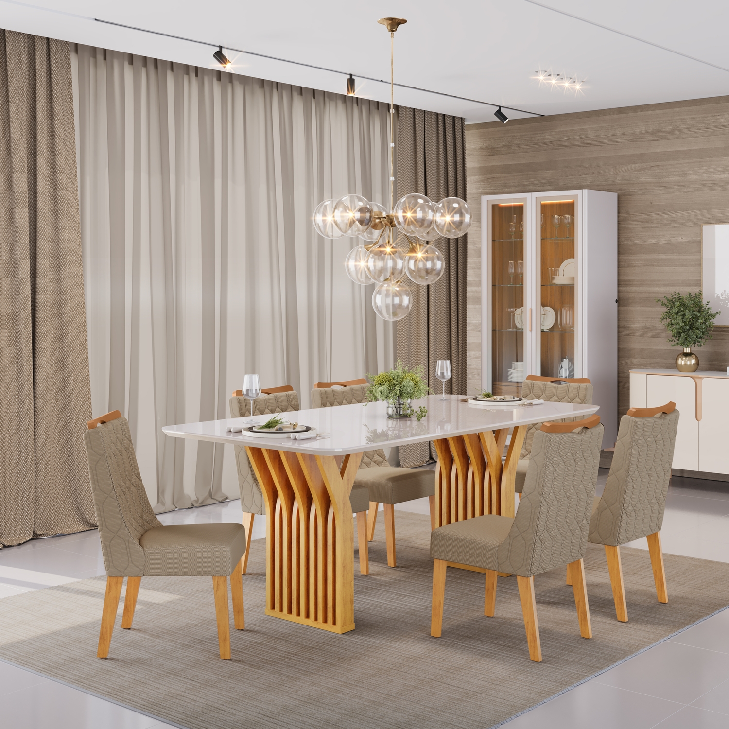 MESA YARA 1800 CEDRO TP OFF WHITE + CADEIRA BIA LINHO BEGE - AMBIENTE ISO