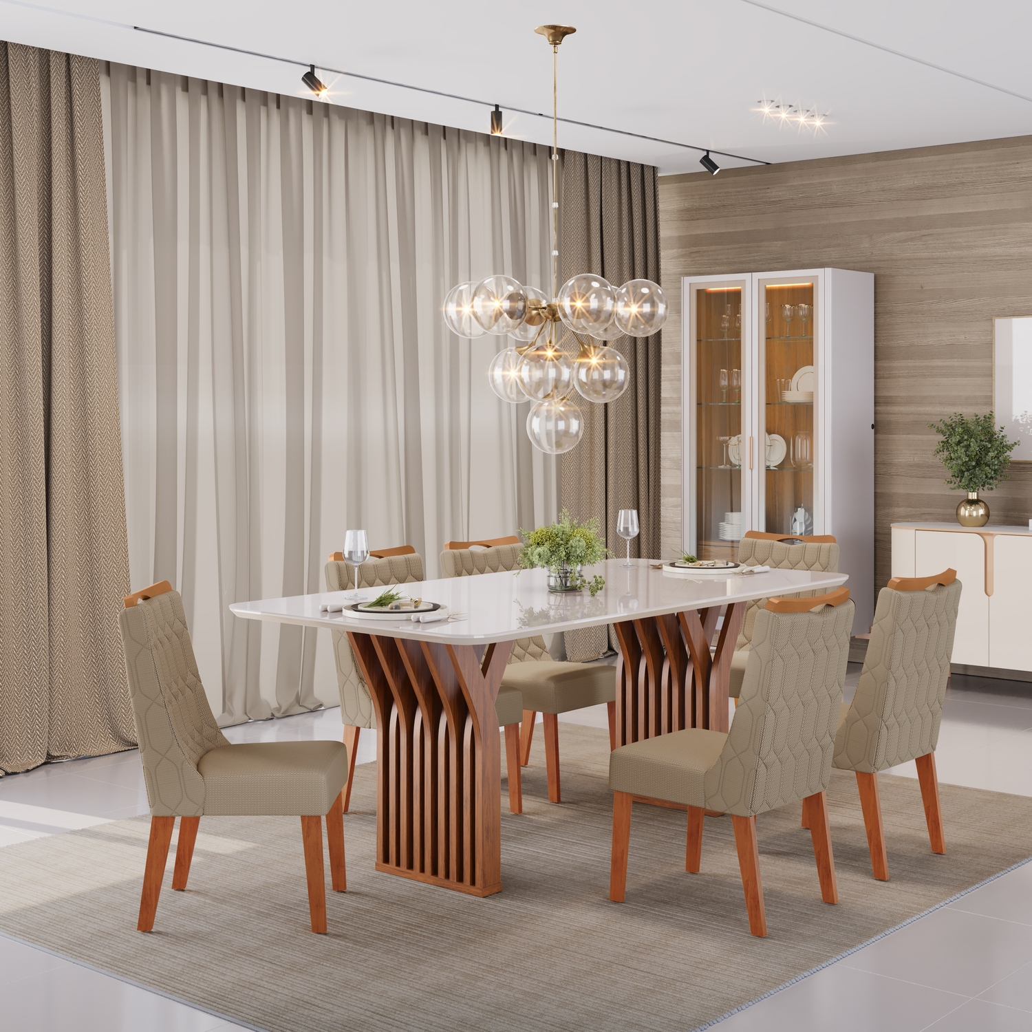 MESA YARA 1800 FREIJO TP OFF WHITE + CADEIRA BIA LINHO BEGE - AMBIENTE ISO