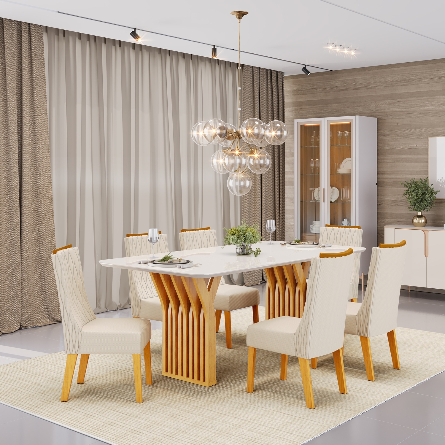 MESA YARA CEDRO COM TAMPO 1800X1000- LANÇAMENTO - 06 CADEIRAS JADE CEDRO LINHO NEVE - AMBIENTE
