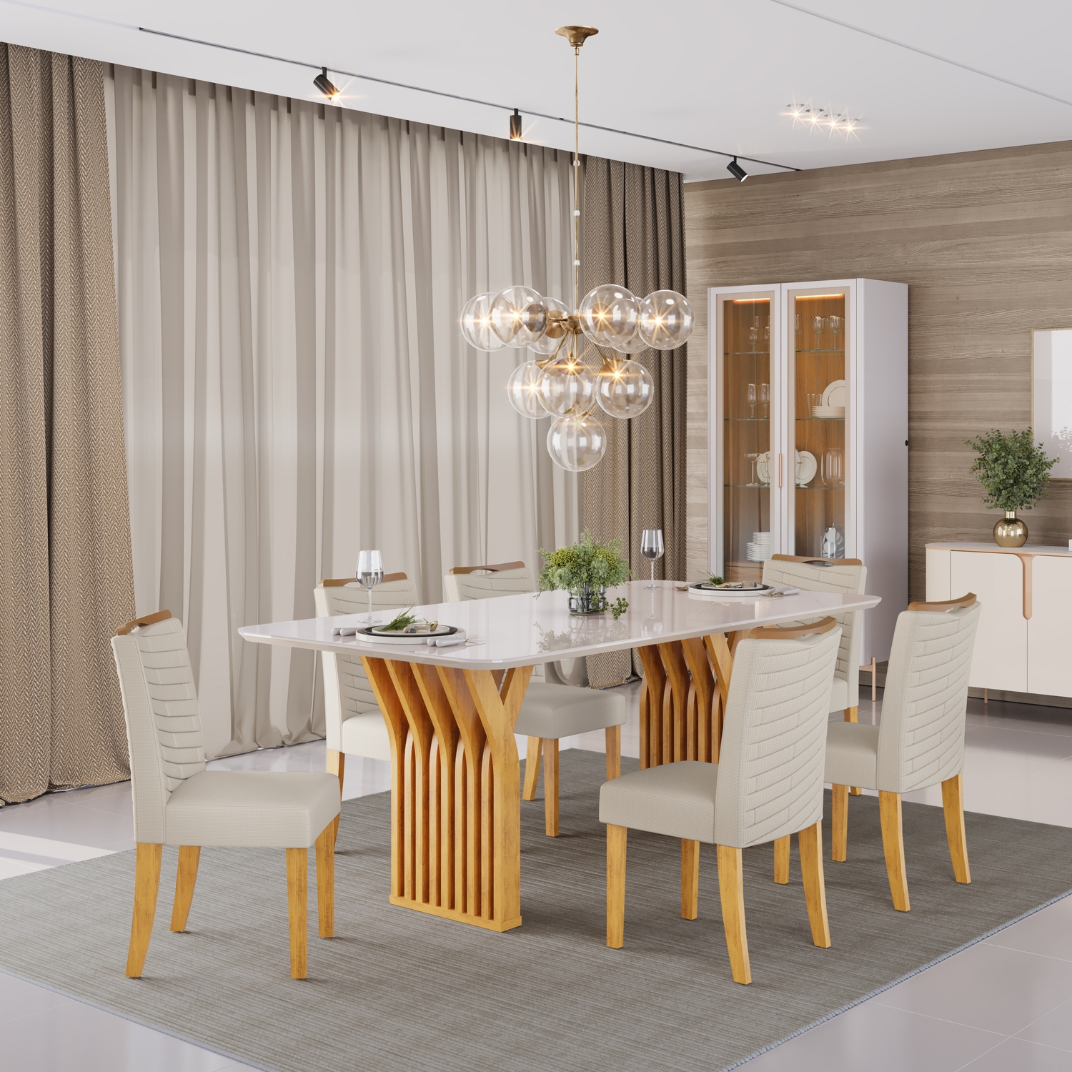 MESA YARA CEDRO COM TAMPO 1800X1000 - 06 CADEIRAS JULIA LINHO BEGE - AMBIENTE