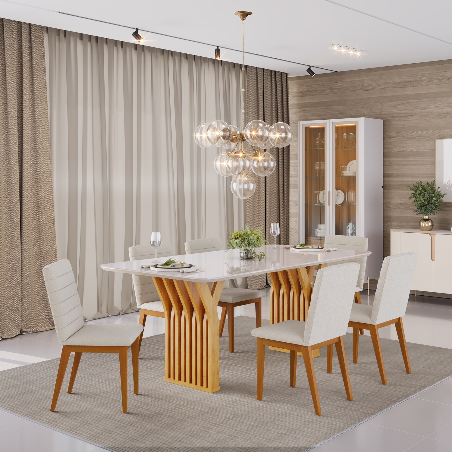 MESA YARA CEDRO COM TAMPO 1800X1000 - 06 CADEIRAS SOFIA BOUCLE PEROLA