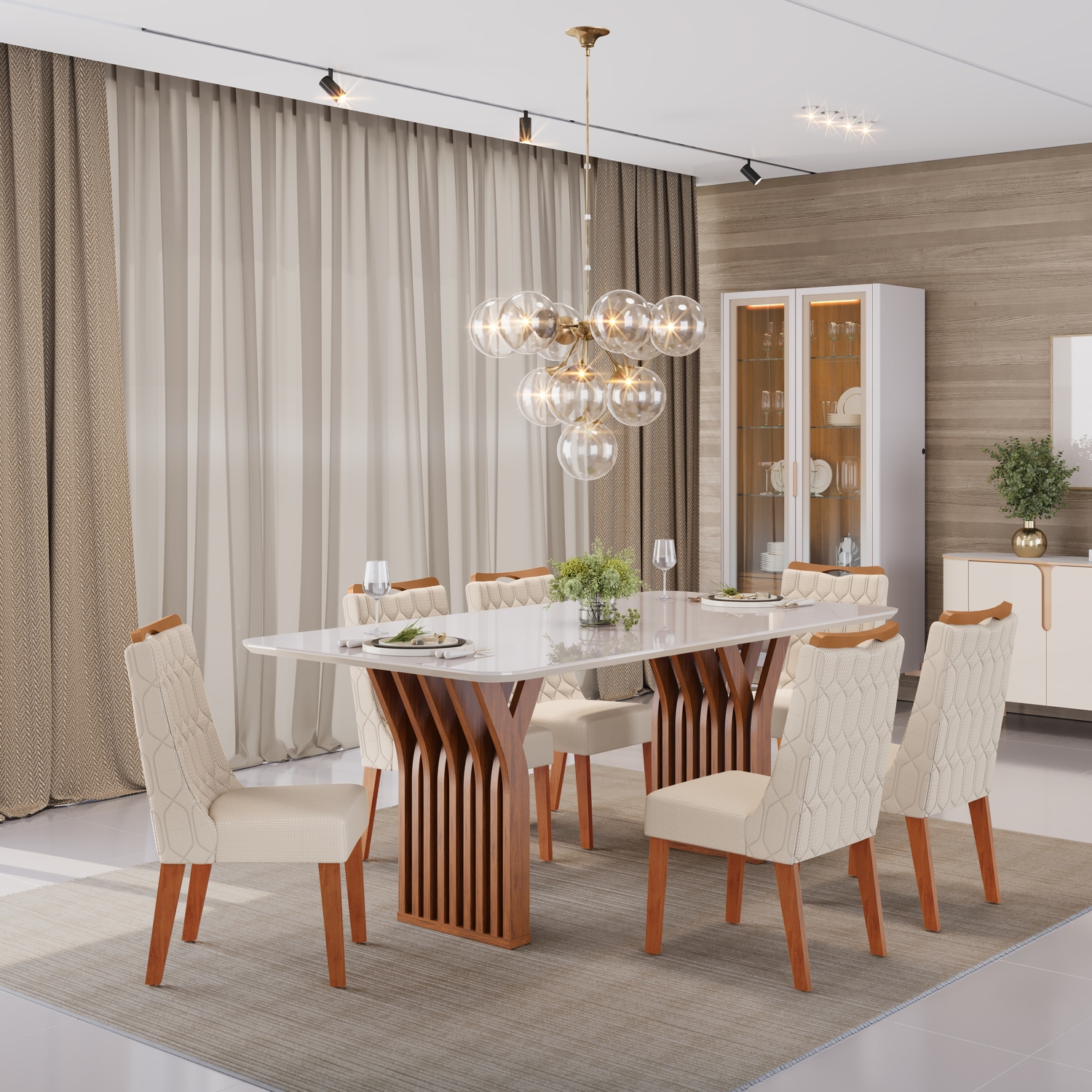 MESA YARA FREIJO 1800 OFF WHITE + CADEIRA BIA LINHO NEVE - AMBIENTE ISO