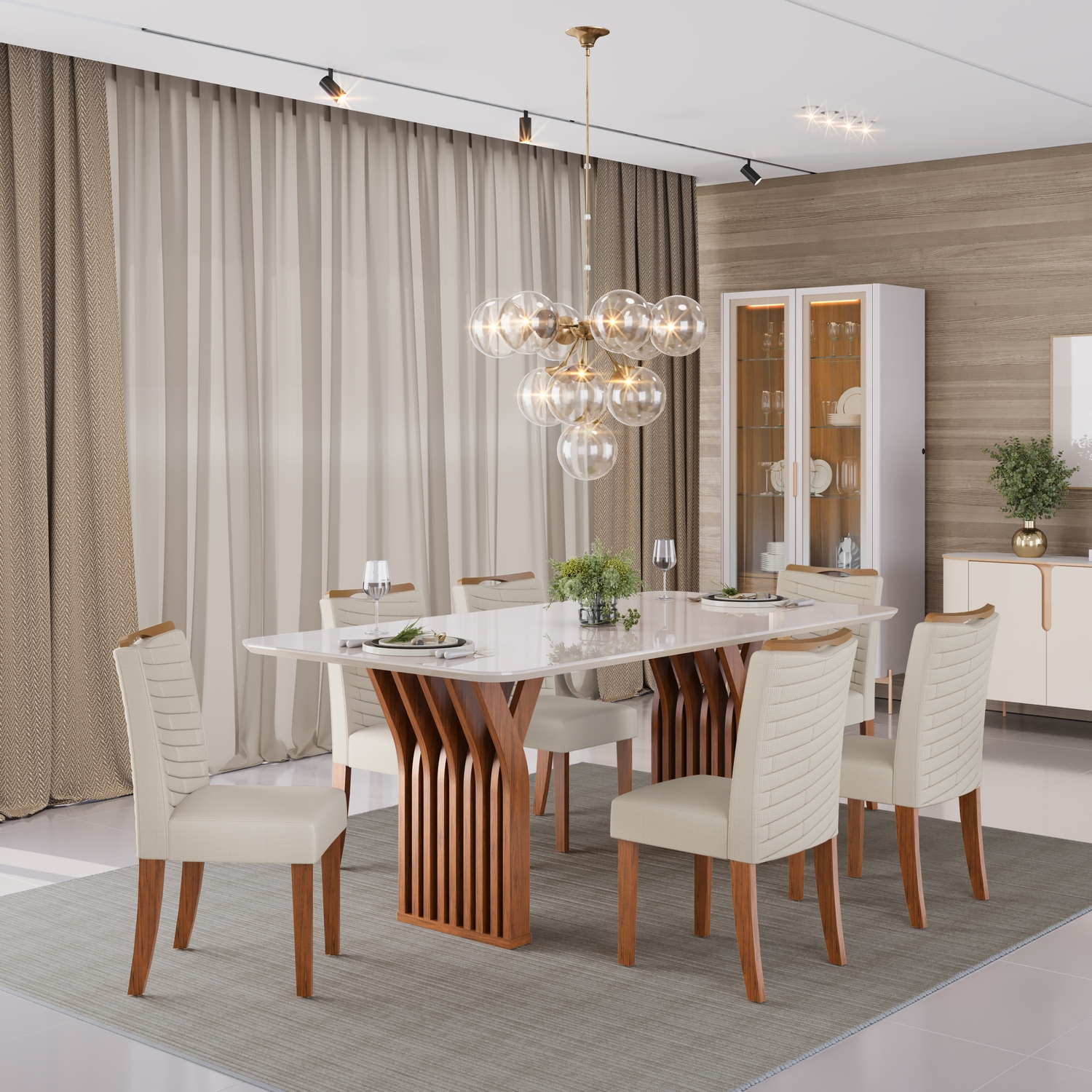 MESA YARA FREIJO COM TAMPO 1800X1000 - 06 CADEIRAS JULIA LINHO NEVE - AMBIENTE