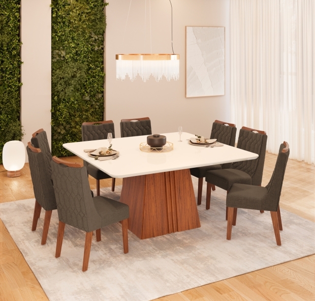 MESA ITALIA - TAMPO CHANF. CURVO 1360X1360X30 FREIJO OFF - CADEIRA BIA FREIJO LINHO CANELA
