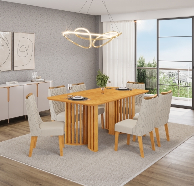 MESA LUMA CEDRO TP 1700X900 CEDRO + 6 CADEIRAS BIA CEDRO NEVE