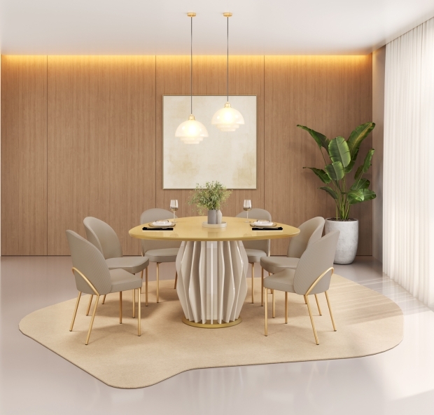 MESA TOKYO TP 1360X1360 ORG DOURADO - CADEIRA LIZY LINHO BEGE