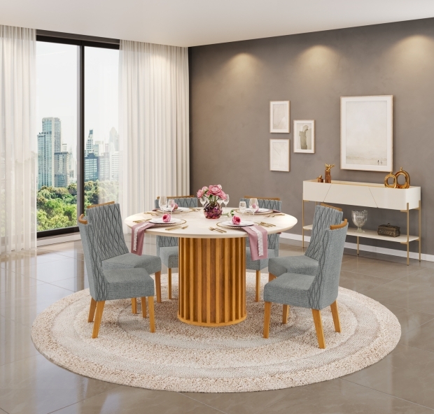 MESA VIENA 1360X1360 CEDRO OFF + 06 CADEIRAS JADE LINHO NEBLINA