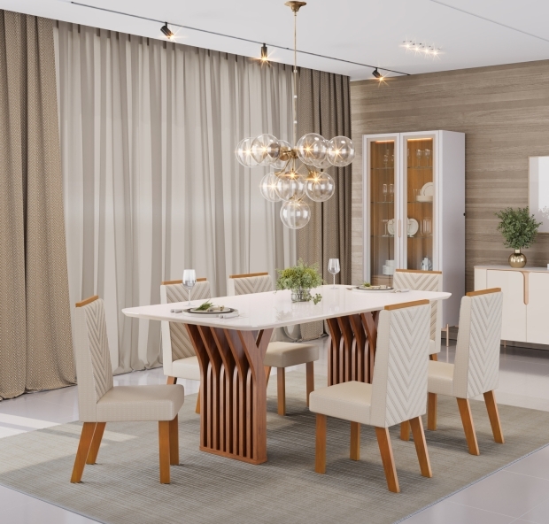 MESA YARA 1800X1000 FREIJO COM TP OFF CADEIRA ISLA LINHO NEVE