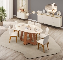 MESA CELESTE + TPO ELIPTICO 180X100 + 06 CADEIRAS SOFIA IPE BOUCLE PEROLA