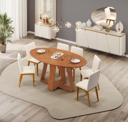 MESA CELESTE + TPO ELIPTICO 180X100 FREIJO + 06 CADEIRAS SOFIA IPE BOUCLE PEROLA