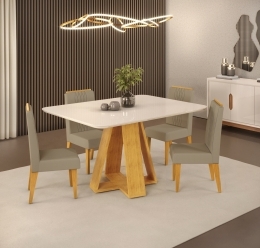 MESA CELESTE 1200X900 CEDRO OFF - 04 CADEIRAS LIA LINHO BEGE