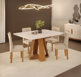 MESA CELESTE 1200X900 FREIJÓ OFF WHITE + 04 CAD. ZOE FREIJÓ VELUDO CREME