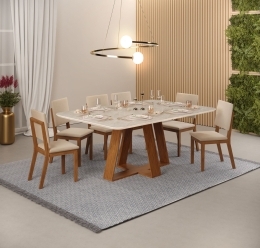 MESA CELESTE 1700  FREIJO TAMPO FREIJO OFF+ 6 CADEIRAS TALIA CEDRO VELUDO CREME (1)