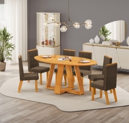 MESA CELESTE 180x100 CEDRO COM TP CEDRO COM CADEIRA NARA LINHO CANELA