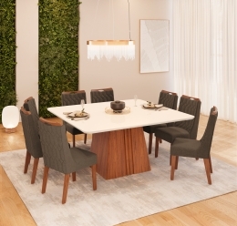 MESA ITALIA - TAMPO CHANF. CURVO 1360X1360X30 FREIJO OFF - CADEIRA BIA FREIJO LINHO CANELA