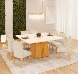 MESA ITALIA 1360X1360 CEDRO OFF WHITE + 08 CAD ONDINA CEDRO LINHO NEVE